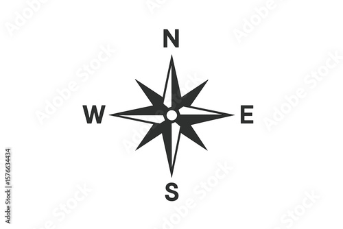 Minimalist Compass Rose Vector Icon. Simple Flat Navigation Symbol with Cardinal Directions North South East West. Nautical Marine Map Element. Black and White Compass Illustration