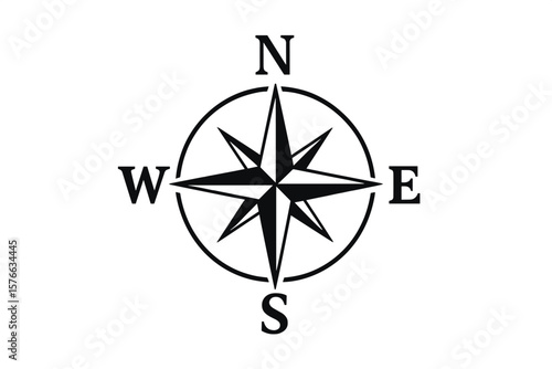 Compass Rose Vector Icon. Nautical Navigation Symbol. Simple Flat Compass with North, South, East, West Directions. Wind Rose. Marine Orientation Tool. Black and White Isolated Illustration.