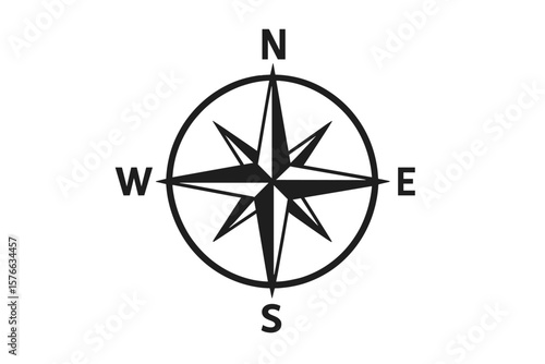 Minimalist Compass Rose Vector Icon. Flat Navigation Symbol with North, South, East, West Directions. Nautical Marine Guide. Simple Black Windrose Design. Isolated Transparent Background.