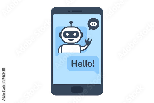 Chatbot on smartphone screen. AI robot assistant for online consultation and customer service. Virtual support bot greets with a hello message in a chat messenger. Technology icon.