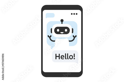 Chatbot in smartphone says hello. AI robot for online consultation and customer service. Virtual assistant technology for mobile app support. Messenger chat bot vector icon.