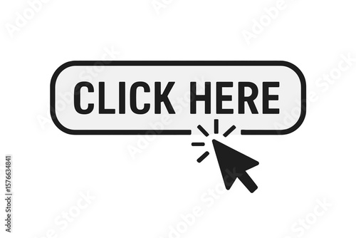 Click here button with computer mouse cursor clicking. Call to action web button design. Modern vector illustration of pointer symbol. Website UI navigation element icon set.