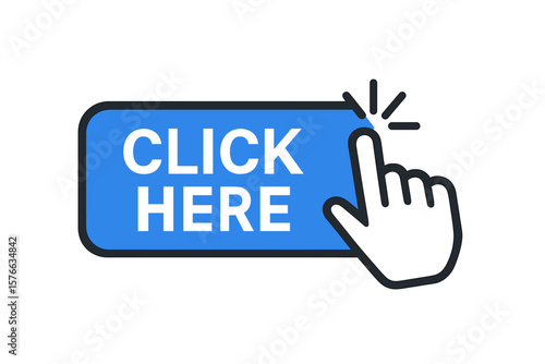 Click here button with hand cursor pointer icon. Call to action concept for web design. Modern flat illustration of a CTA button for websites, UI, and UX. Clickbait icon.
