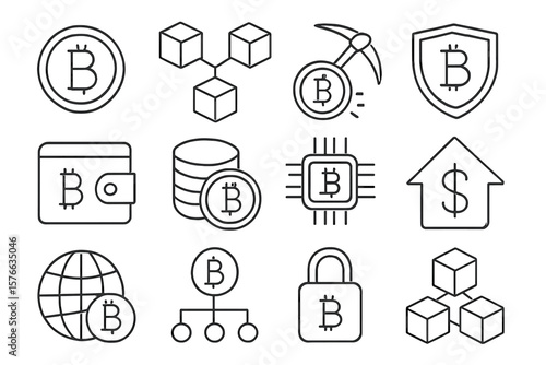 Bitcoin and blockchain technology thin line icon set. Crypto currency, mining, wallet, security, and decentralized finance concept. Vector outline symbols for web and mobile.