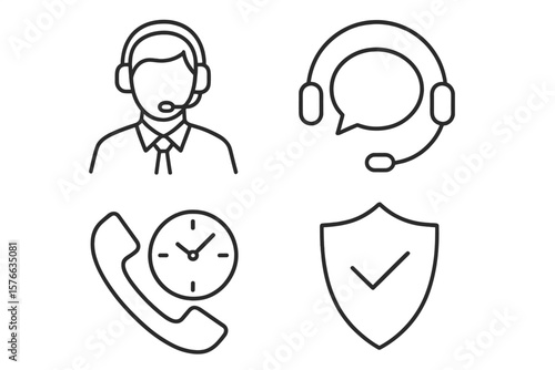 Customer service icon set. Support agent with headset. Call center operator. Contact us helpdesk. Communication help. 24 7 phone assistance. Security shield guarantee. Line art