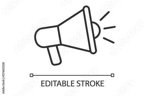 Megaphone Line Icon. Loudspeaker Announcement Symbol. Editable Stroke Vector. Marketing, Promotion, Advertising Concept. Simple Black Outline. Isolated on White. Communication, Alert, Notification.