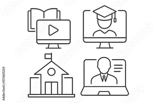 E-learning Web Icons Set, Online Education Line Style, Distance Learning, Video Tutorial, Online Lecture, School, University, Remote Study, Digital Classroom, Web and Mobile App