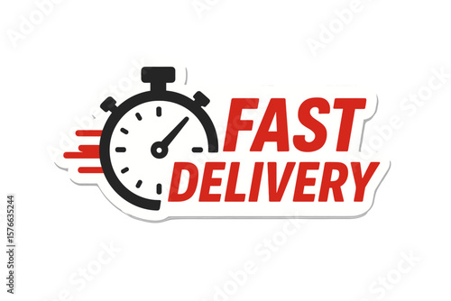 Fast delivery sticker with stopwatch icon, express shipping label, urgent courier timer, quick move, online order, rapid logistics, same day delivery, speed service concept