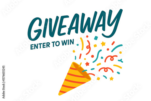 Festive Giveaway Announcement with Party Popper, Colorful Confetti, Modern Typography, Enter to Win, Gift Prize Concept, Social Media Promotion, Celebration Vector Illustration