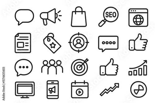 Marketing icons set for web and mobile app. Communication, advertising, ecommerce, seo, content, product, target audience, website, social media, analytics promotion vector pack.