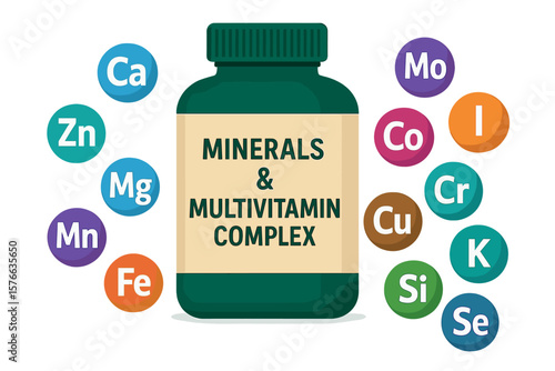 Multivitamin and Mineral Complex Supplement Bottle Vector. Calcium, Zinc, Magnesium, Manganese, Iron, Iodine, Cobalt, Chromium, Copper, Potassium, Silicon, Selenium Icons