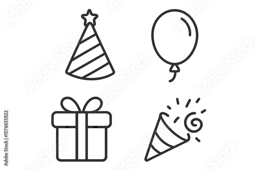 Party icons set of 4 in line style, vector illustration on transparent background, including party hat, balloon, gift box, party popper, celebration symbols, festive design