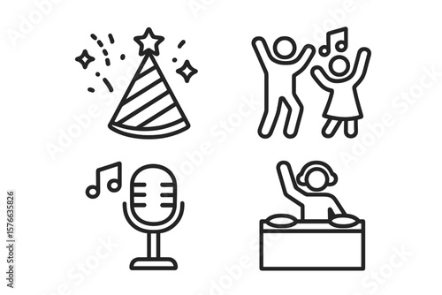 Party celebration line icons set. DJ music, karaoke microphone, dance people, party hat. Event, festival, anniversary, entertainment, fun, dance, concert, nightlife vector illustration