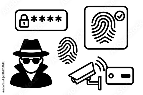 Cybersecurity Concept Icons: Password Protection, Fingerprint Authentication, Spy Silhouette, Electronic Key, Surveillance Camera. Digital Security System Vector Illustration