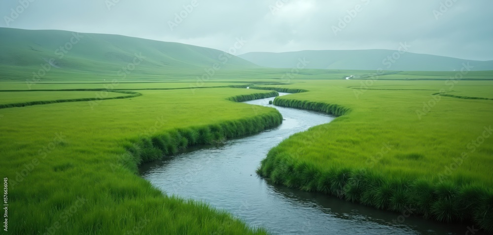 Meandering river flows through vibrant green grassy field under soft cloudy sky. Serene landscape offers peaceful natural setting with undulating hills in background, evoking tranquility, unspoiled Meandering river flows through vibrant green grassy field under soft cloudy sky. Serene landscape offers peaceful natural setting with undulating hills in background, evoking tranquility, unspoiled