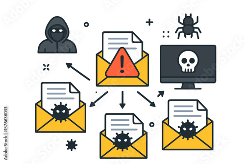 Phishing Email Attack, Malware Virus Distribution, Cybersecurity Threat, Hacker, Spyware Infection, Computer Virus Warning, Network Security Breach, Vector Illustration