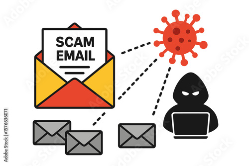 Scam Email Distribution, Malware Virus Spread, Cyber Attack, Hacking, Phishing, Spyware, Internet Security Threat, Vector Illustration, Transparent Background