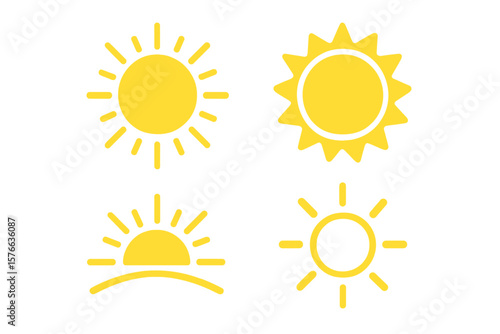 Set of 4 Yellow Sun Icons with Radiant Rays and Sunbursts, Summer Sunlight Symbols, Nature and Sky Silhouettes, Bright Weather and Solar Logo Vector Collection