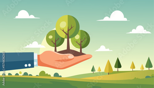 A hand gently holding three young trees, symbolizing growth, environmental protection, and sustainability. The scene is set against a backdrop of a peaceful landscape.