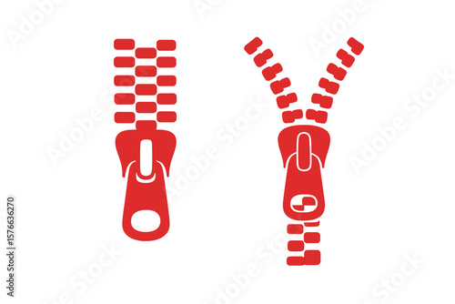 Realistic Red Zipper Icon Set. Closed and Open Zipper Fastener. Vector Zip Mechanism. Fashion Accessory Symbol. Clothing Detail. Editable Red Zipper Illustration on Transparent Background
