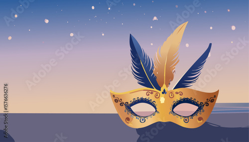 An elegant masquerade mask with feathers against a dreamy twilight background. The mask is intricately designed and the feathers add a touch of sophistication.