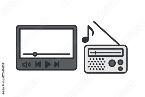 Modern Video Media Player and Retro Radio Icon with Music Note. Digital Multimedia Device. Audio Streaming, Music Listening, Online Broadcast, Entertainment Technology. Flat Vector Illustration.