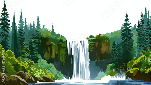 A serene waterfall cascading down into a lush, verdant landscape. Towering trees frame the falls, creating a picturesque nature scene