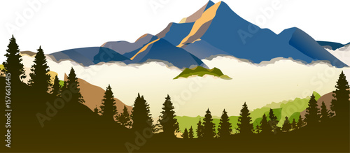 Panoramic view of majestic mountains enveloped by a sea of clouds, with trees framing the scene, evoking a sense of wonder and awe. The blue and green hues create a sense of calm. 