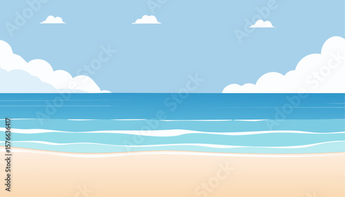 A serene beach scene with crystal-clear water under a bright sky. The beach features calm waves and gentle clouds adding a peaceful vibe to the place