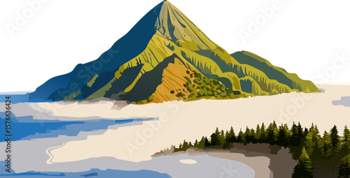 Majestic mountain peaks rising above the clouds with lush green trees. The stunning vista is a testament to nature's raw beauty