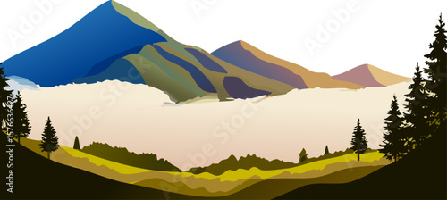 A serene landscape showcasing a majestic mountain range with lush greenery and serene clouds