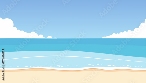A tranquil beach scene with blue sky, ocean and clouds, evoking a sense of peace and serenity