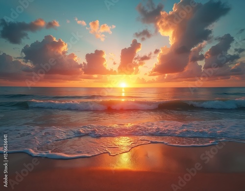 Fototapeta Naklejka Na Ścianę i Meble -  Serene Aegean beach scene at sunset with orange and blue hues. Ocean is darker blue with small waves. Beach covered in light beige sand with brown shoreline.