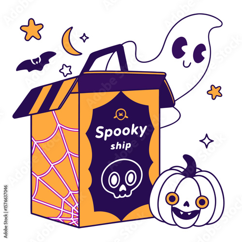 A cute ghost peeking out of a spooky shipping box decorated with spiderwebs and a skull alongside a jack o lantern and halloween celestial elements