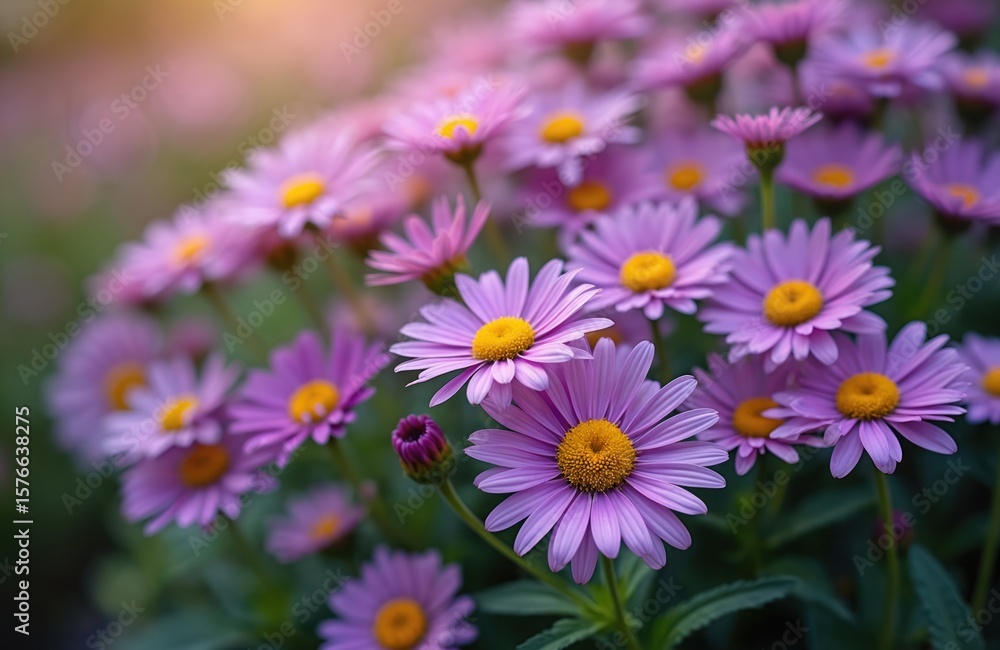Obraz premium Close-up of blooming purple Michaelmas daisies Aster amellus in a sunny autumn garden. Delicate petals surround vibrant yellow centers, creating a beautiful floral background with soft light effects.