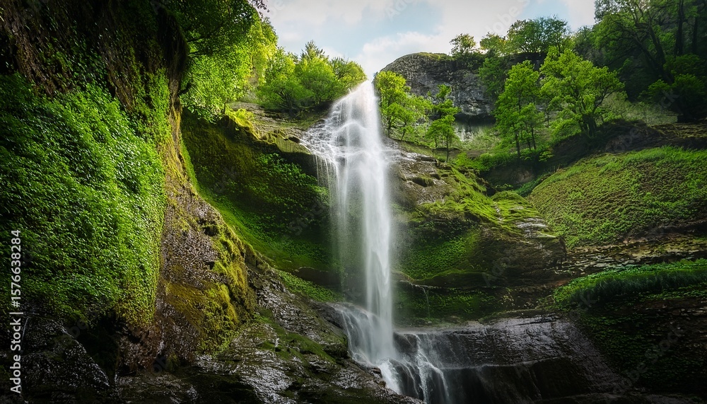 Obraz premium majestic waterfall cascading down a rocky cliff surrounded by lush greenery