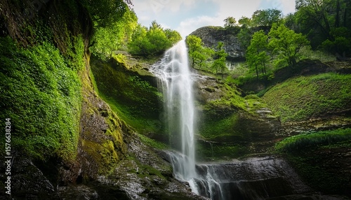 majestic waterfall cascading down a rocky cliff surrounded by lush greenery