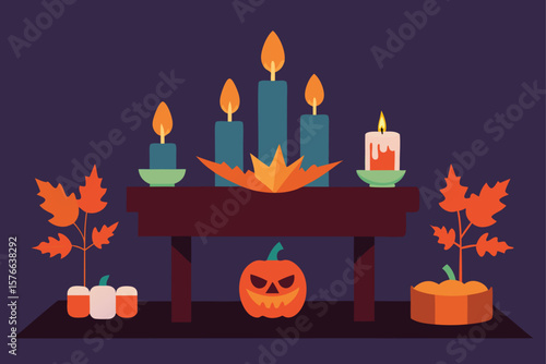halloween party table decorated with dried leaves (1).eps