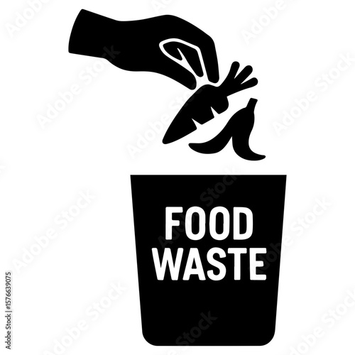 Hand putting food scraps into bin icon with transparent background symbolizing waste disposal and composting
