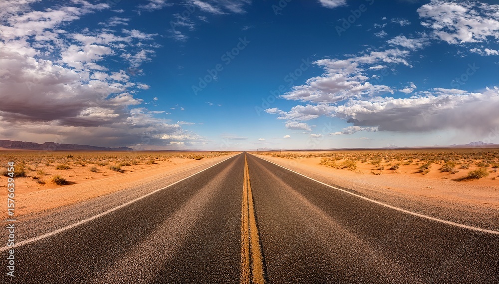 Fototapeta premium expansive desert road stretching into the horizon under a vast open sky with shadows cast by clouds generative ai