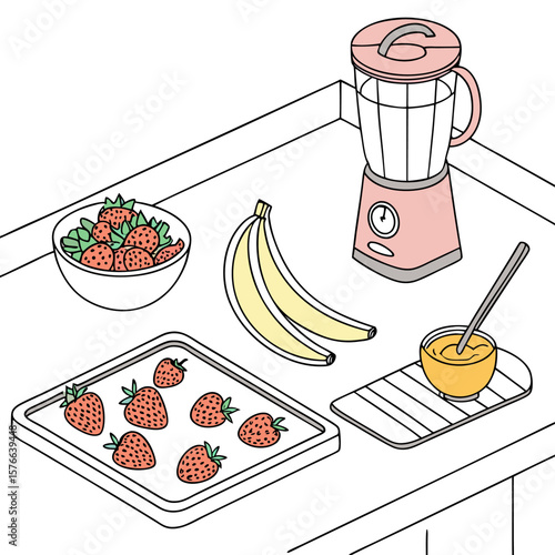 Illustration of fresh strawberries and bananas ready to be blended into a healthy smoothie with a blender bowl of fruit and a small dish of yellow liquid