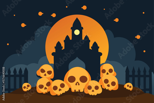 skull pile at haunted house gate with glowing jac (1).eps