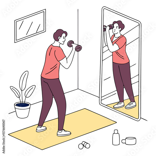 A person is exercising with dumbbells in front of a mirror at home reflecting their workout on a yoga mat with a plant nearby