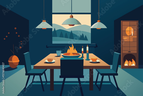thanksgiving dinner scene in cozy dining room wit.eps