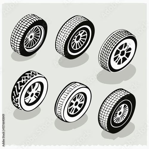 Six isometric black and white car tires with different tread patterns wheel vehicle