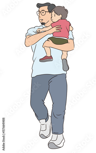 子供を抱いて歩く男性