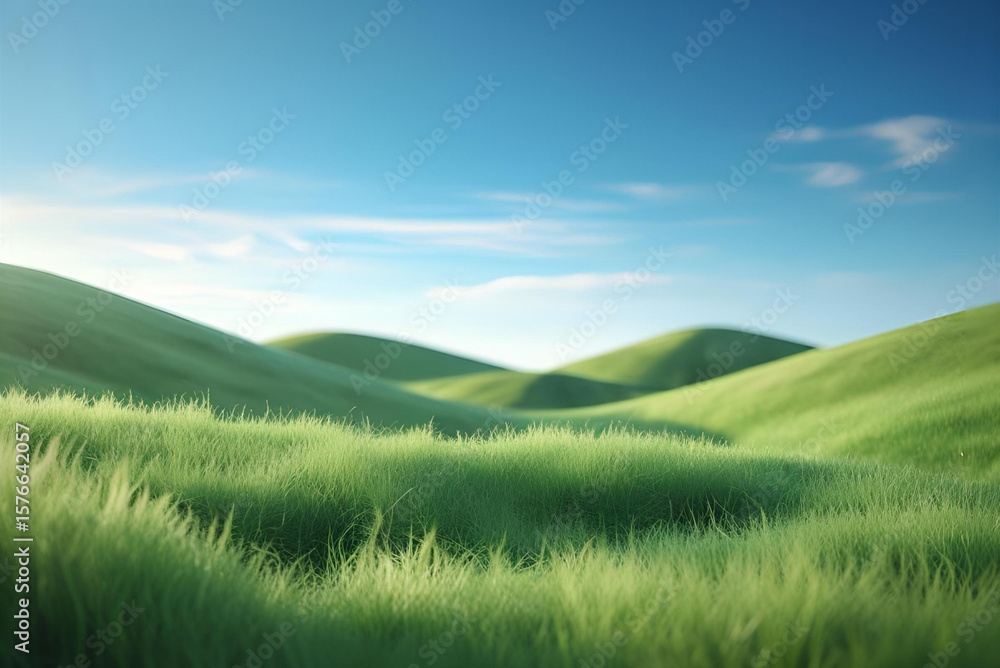 Fototapeta premium Idyllic Landscape of Rolling Green Hills under a Blue Sky