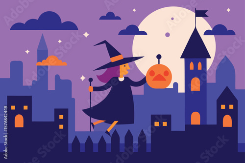 witch flying over halloween parade in magical mod.eps