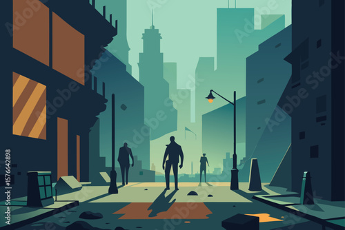 zombie filled city street scene with broken signs (1).eps