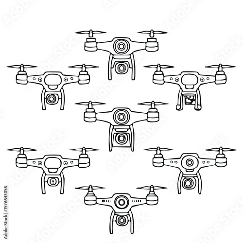 Six black line drawing quadcopter drones with cameras arranged in a pattern aerial vehicle